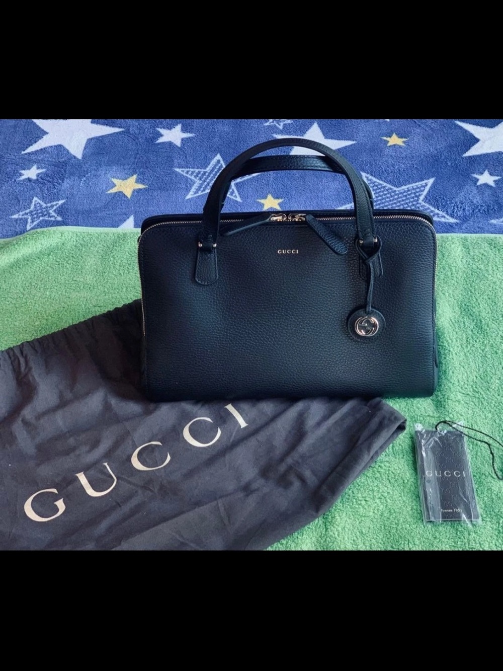Gucci Black Pebbled Leather Satchel with Gold-Tone Charm